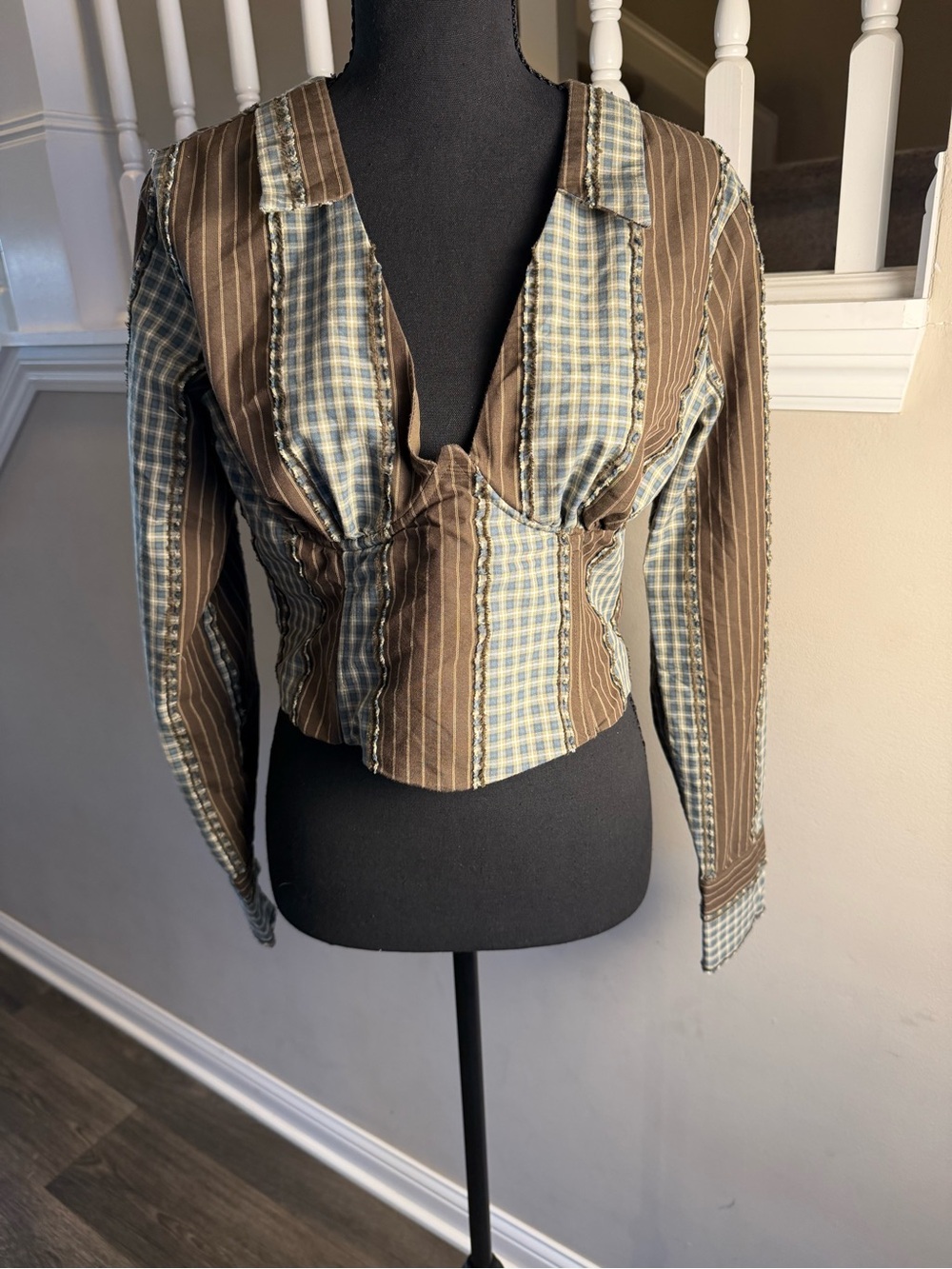 Fashion Nova Brown & Light Blue Striped Plaid Fitted Blazer